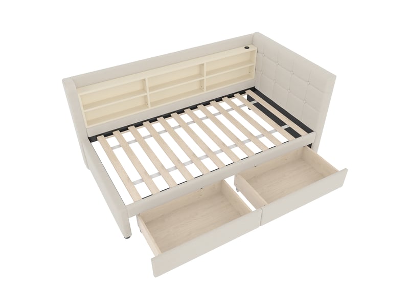  Lit banquette beige 90x200 cm avec 2 tiroirs, rangements, usb et type-c  - Conforama D