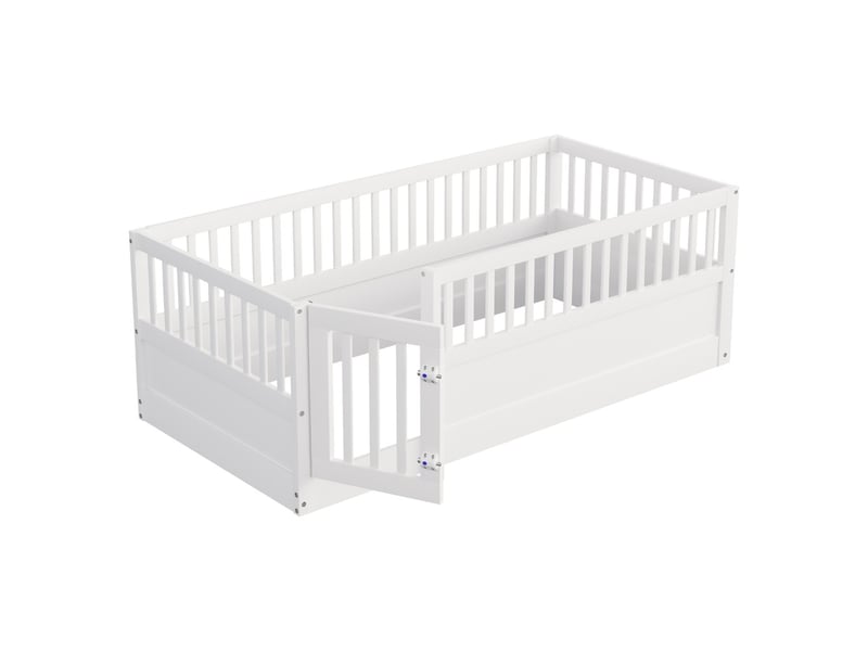 Lit enfant en bois lit simple 90x200 cm avec barrières porte blanc  - Conforama E