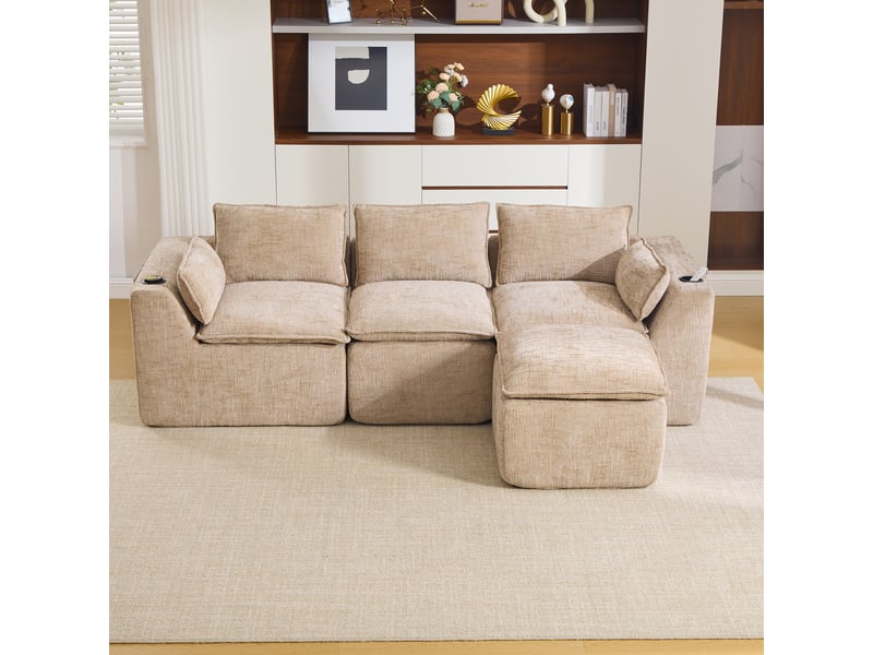 Canapé modulaire 3 places avec poches latérales, coussins et assise à ressorts, en chenille khaki - Conforama C