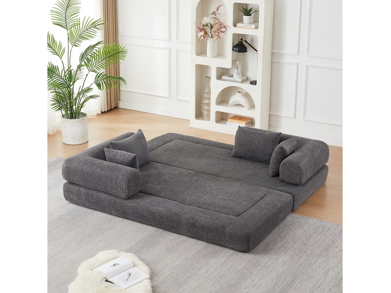 Canapé convertible modulaire 4 en 1 sans montage avec dossier réglable et 4 coussins en chenille gris - Conforama C