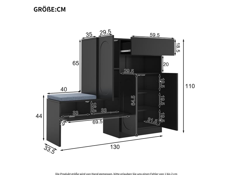  Meuble à chaussures 130x35x110 cm avec banquette et portes à fermeture douce, noir  - Conforama E