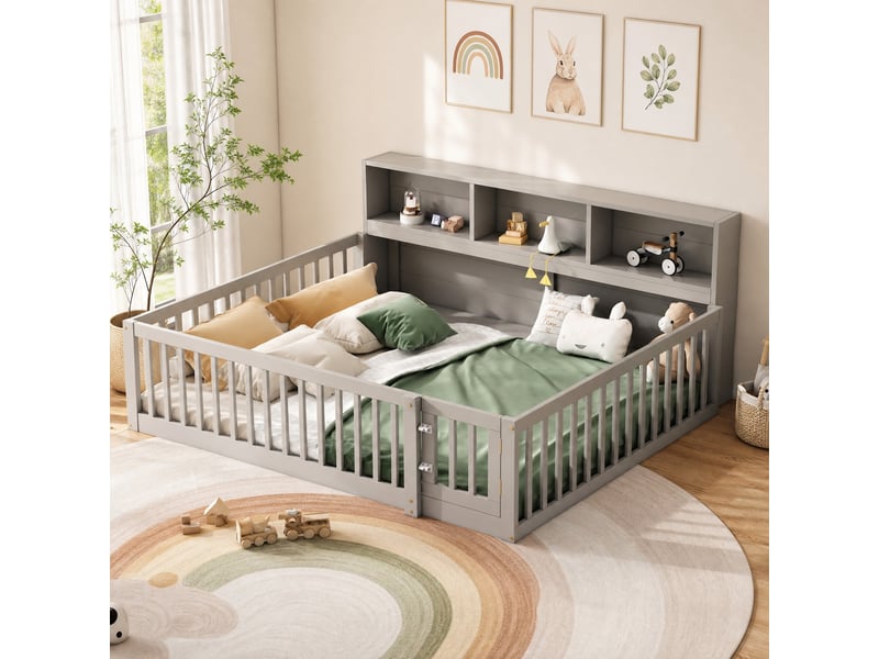  Lit enfant banquette 140 x 200 cm avec rangements latéraux, barrières et sommier, gris  - Conforama B