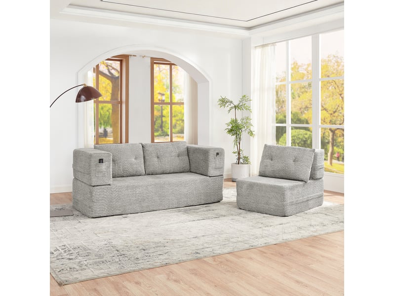  Canapé modulable 3 places convertible 199x194x39 cm en tissu gris clair  - Conforama W