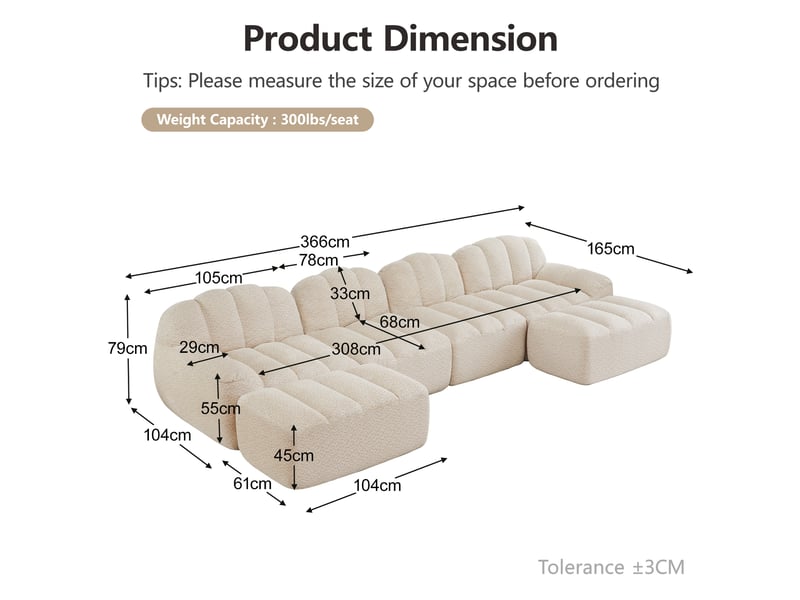 Canapé modulaire 4 places avec ottoman, assise profonde et soutien ergonomique en fleece granuleux beige blanc - Conforama E