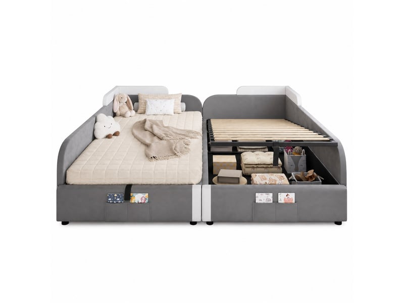 Lit enfant combiné avec rangement hydraulique gris et blanc 2 x 90 x 200 cm - Conforama A