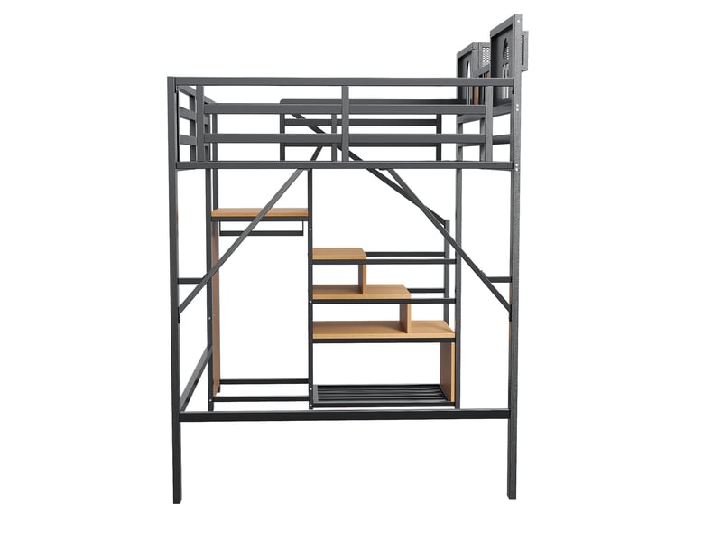  Lit mezzanine 140x200 cm avec escalier de rangement et étagère coloris noir  - Conforama E