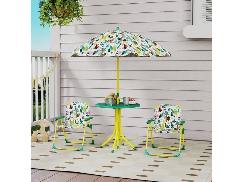  Salon de jardin enfant 4 pièces 49,5 cm vert en polyester, table, 2 chaises pliantes et parasol réglable  - Conforama B