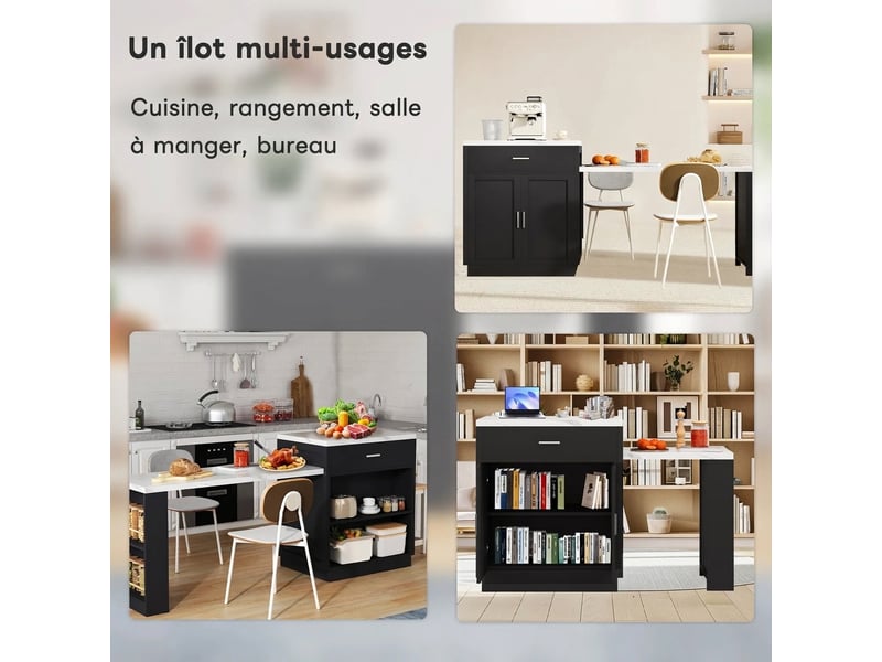  Îlot de cuisine avec table extensible, noir effet marbre, 211cm  - Conforama D