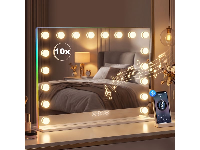  Miroir maquillage hollywood 18 ampoules led, 3 couleurs d'éclairage, lumière rgb, blanc, haut-parleur bluetooth  - Conforama A