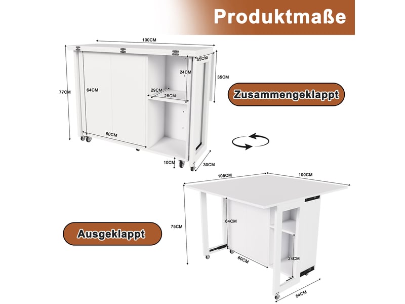 Desserte de cuisine pliable mobile avec 2 portes, 2 étagères et roulettes verrouillables blanc 100 × 105 × 75 cm - Conforama C