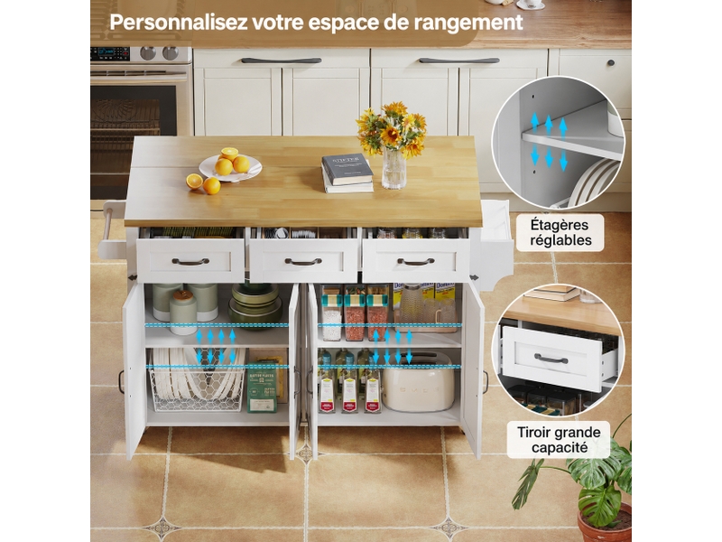 Îlot de cuisine mobile avec plateau rabattable, 5 roulettes verrouillables, 4 portes et 3 tiroirs, 140 x 70 x 90,5 cm, blanc - Conforama C