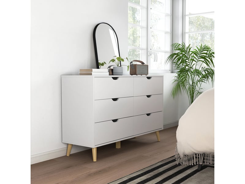  Commode 6 tiroirs meuble de rangement 5 pieds biseautés en bois  blanc 120 x 40 x 76 cm  - Conforama W