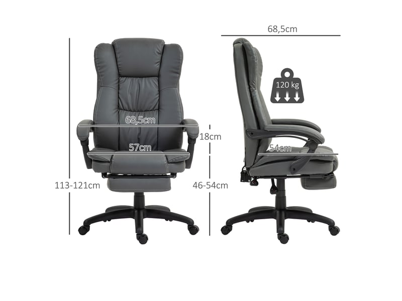  Fauteuil pivotant réglable avec repose-pieds, appui-tête et fonction massage, revêtement en similicuir, 68,5 x 68,5 x 113-121 cm, gris foncé  - Conforama E