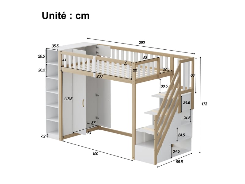  Lit mezzanine 90x200 cm - lit simple avec escalier, armoire intégrée et étagères de rangement, structure pin et mdf, blanc et bois naturel  - Conforama C