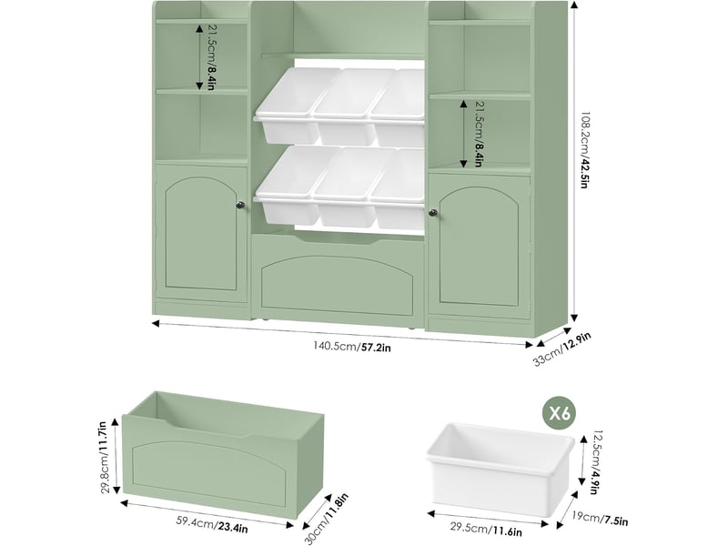  Meuble rangement enfant bibliothèque enfant avec 15 étagères 6 boîtes amovibles 1 tiroirs roulants 2 portes rangement jouet 140x33x108.2cm vert  - Conforama C