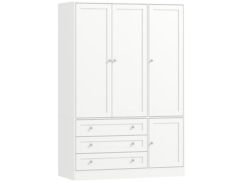 Armoire chambre penderie avec 4 portes, 3 tiroirs, 120 x 50 x 176,5 cm, barre de suspension et étagère réglable, blanc - Conforama B