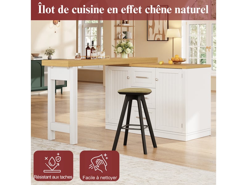  Îlot de cuisine multifonction 120x40x74 cm extensible et rotatif mdf blanc  - Conforama E