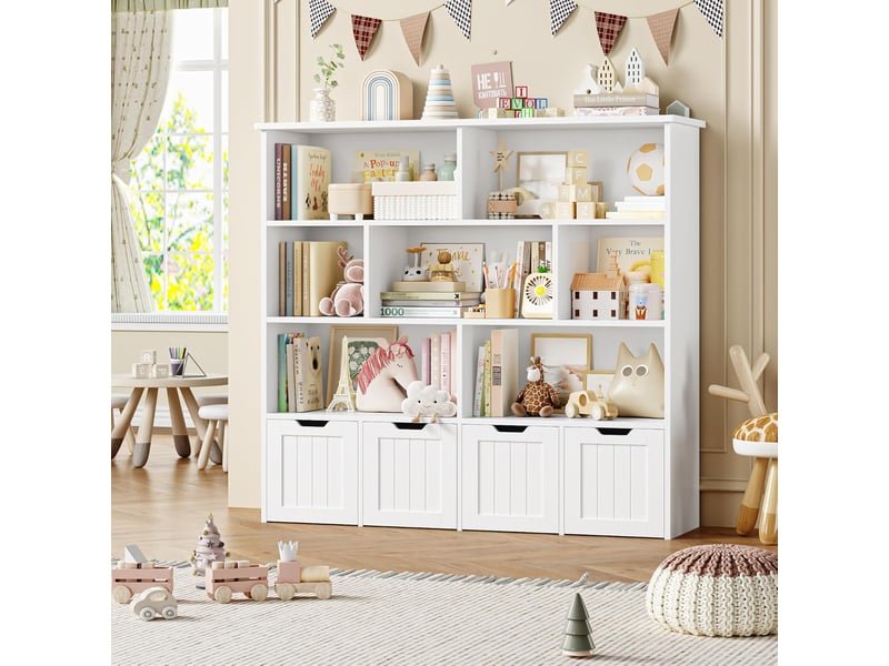  Meuble de rangement enfant bibliothèque enfant avec 8 étagères 4 tiroirs roulants rangement jouet 125.5x33x118cm blanc  - Conforama B