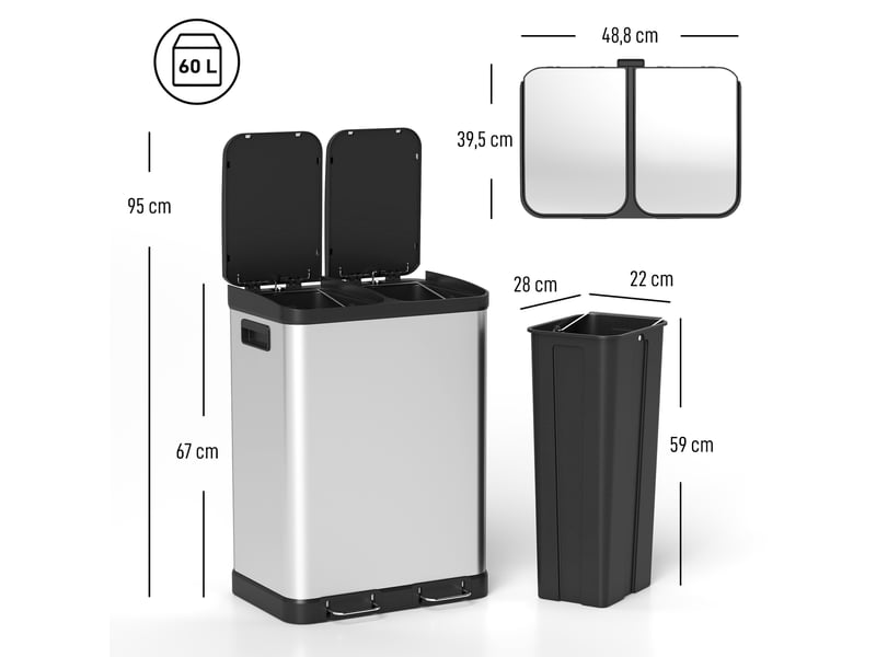  Poubelle de cuisine 2x30l à pédale en acier inoxydable argent 48,8x39,5x67 cm  - Conforama C