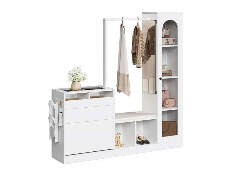  Combinaison d'entrée 6 en 1, ensemble armoire, coiffeuse avec tringle à vêtements, banc à chaussures et armoire à chaussures pliante, vitrine en GL06123W - Conforama E