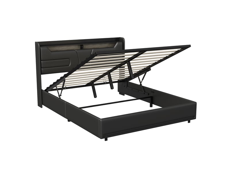  Lit coffre 140x190 avec led, lit 2 places avec rangement et ports usb lit hydraulique avec tête de lit capitonné lit double rembourré avec sommier à lattes lit 2 personnes noir pu, sans matelas  - Conforama W