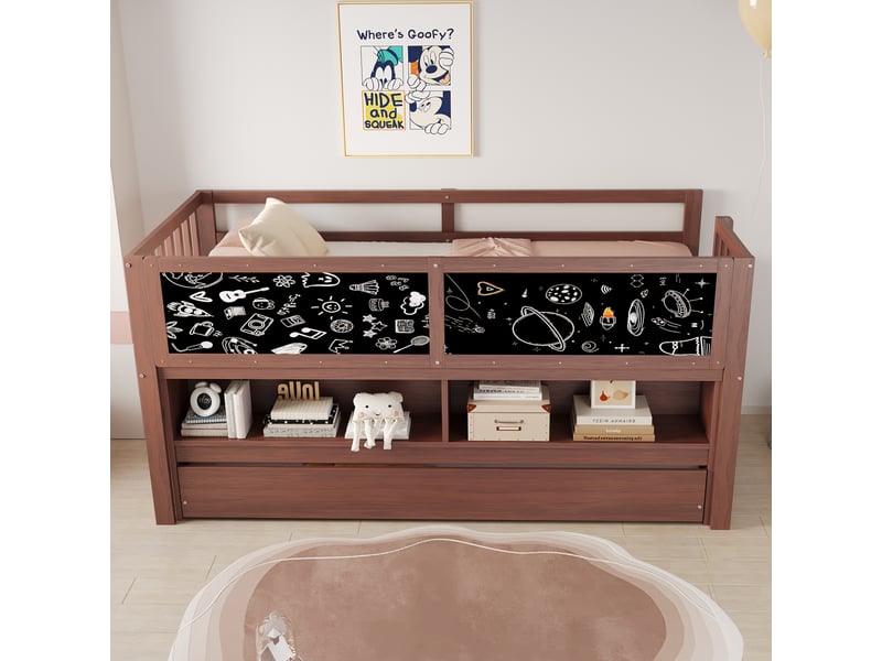  Lit enfant 90x200 cm avec échelle d'escalade, lit superposé en bois massif avec tableau noir, lit simple enfant, marron  - Conforama D