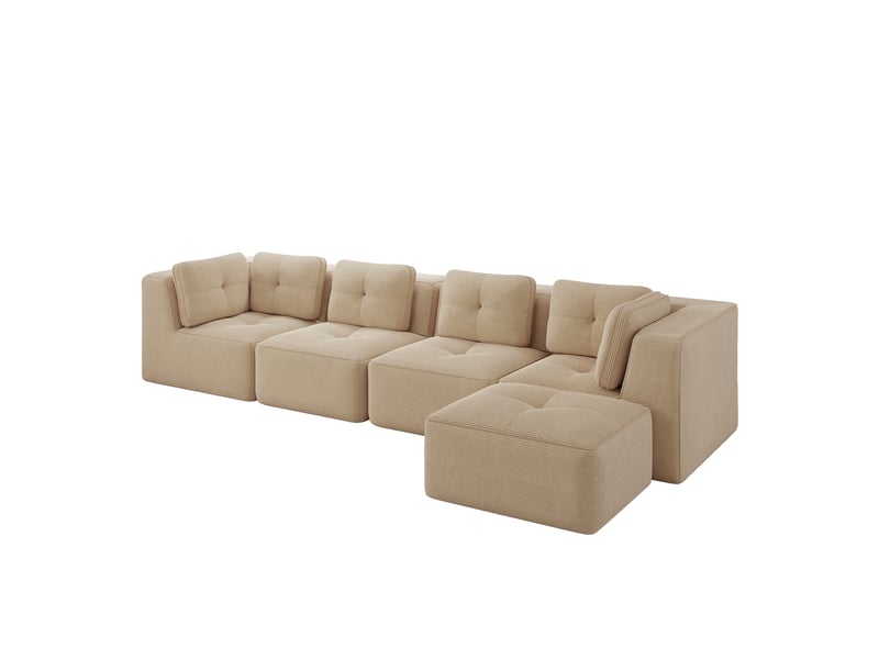 Canapé d'angle modulaire sans cadre avec assise profonde et coussins moelleux, en corduroy beige - Conforama A