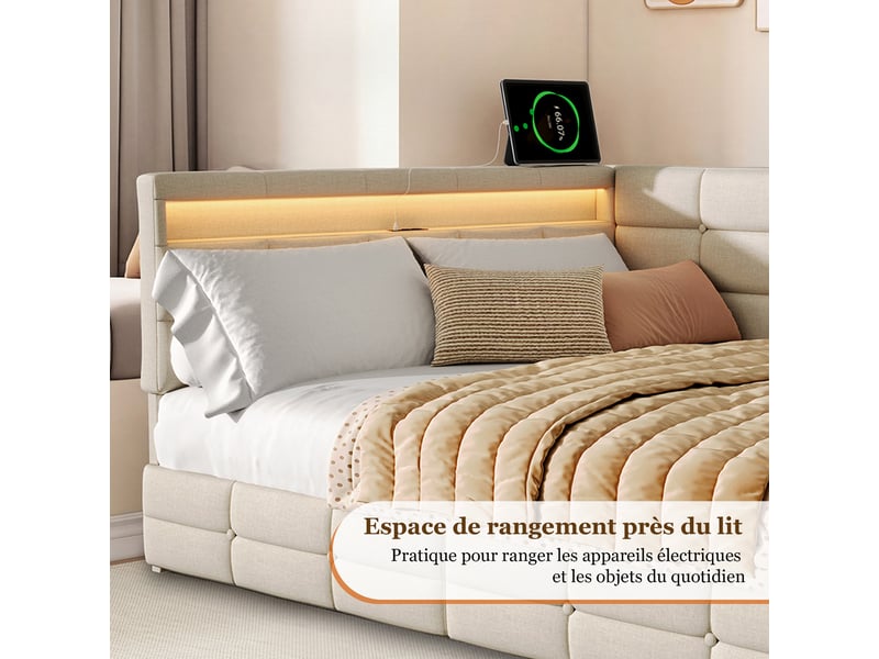  Kefsr lit double capitonné 140x190 cm, lit d'angle banquette avec 2 tiroirs, éclairage led, prises usbtype-c et sommier à lattes, tissu lin beige  - Conforama R
