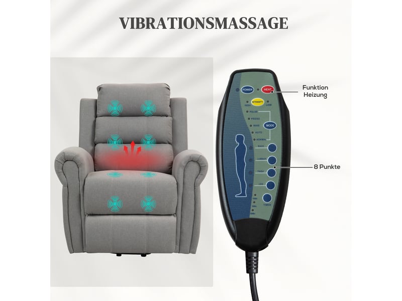 Fauteuil releveur électrique gris clair, massage 8 points et chaleur, fauteuil relax avec fonction inclinable pour salon - Conforama D
