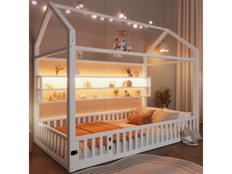 Lit cabane 90x200 cm enfant métal blanc avec led 7 couleurs lit plateforme maison avec barrière de sécurité - Conforama E