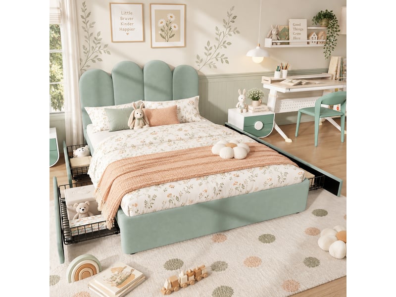  Lit double rembourré 140x200cm avec 4 tiroirs de rangement et tête de lit arquée, lit plateforme avec grand rangement, velours, vert clair evarich - Conforama E