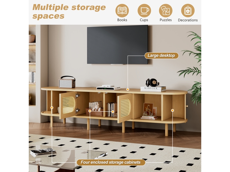  Meuble tv ovale 180 x 40 x 40 cm en bois clair, design rotin, deux portes d'armoire, deux portes coulissantes, réf. N625p396532e  - Conforama R