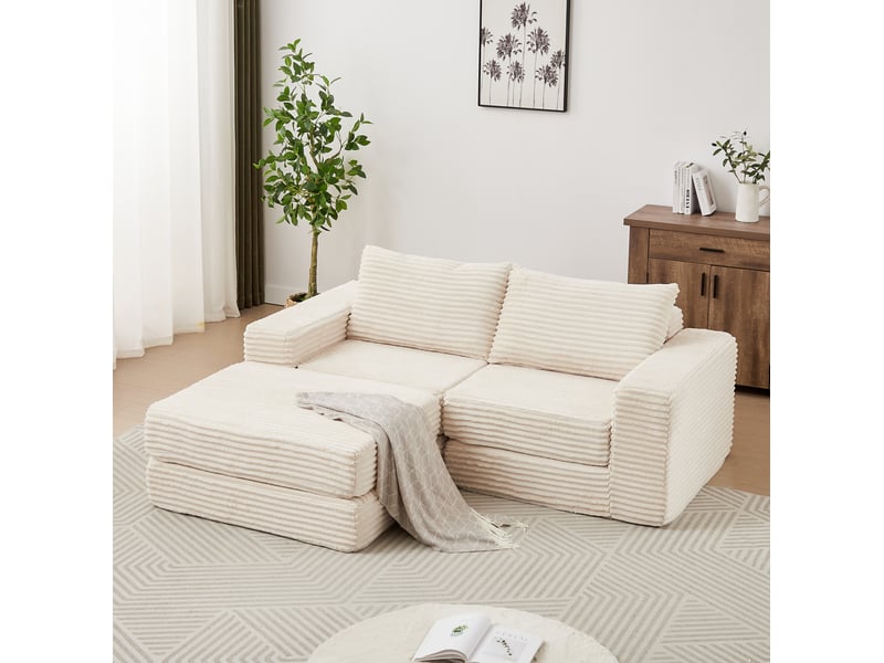 Canapé-lit modulable 2 places en velours côtelé beige avec repose-pieds amovible - Conforama B