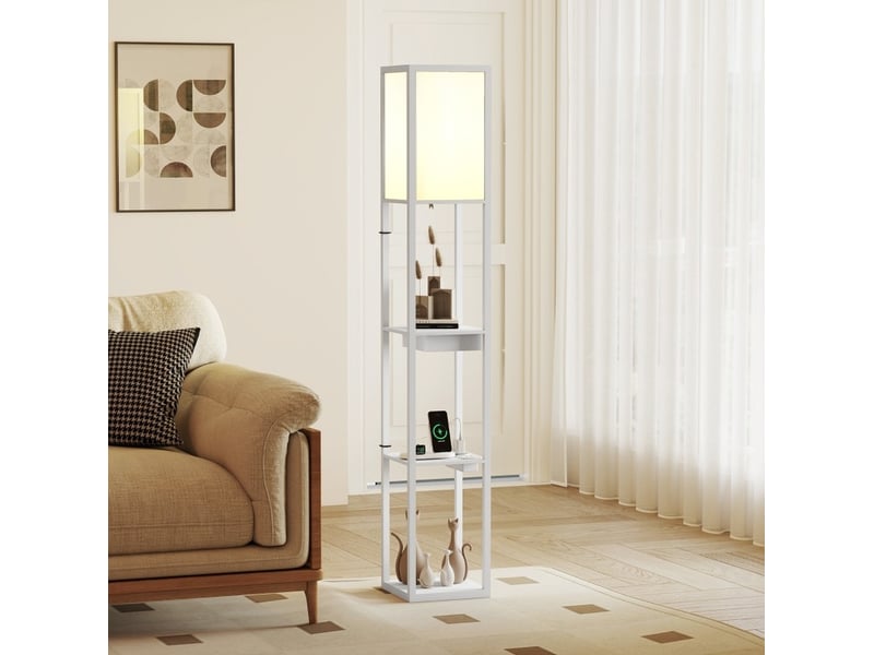  Lampadaire 26x26x159 cm avec 3 compartiments ouverts, ports usb et interrupteur au pied, mdf blanc  - Conforama B