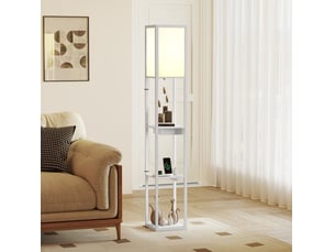 Lampadaire 26x26x159 cm avec 3 compartiments ouverts, ports usb et interrupteur au pied, mdf blanc