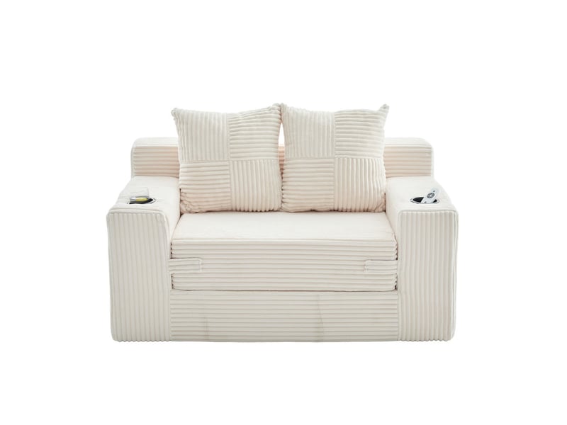  Canapé droit convertible 2 places, en velours côtelé, 2 coussins, porte-gobelet et poches latérales, 151 × 133 × 64 cm, beige YXY-0915-3 - Conforama A