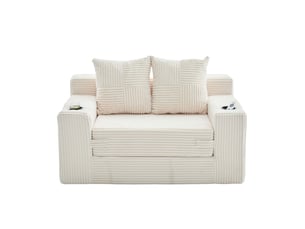 Canapé droit convertible 2 places, en velours côtelé, 2 coussins, porte-gobelet et poches latérales, 151 × 133 × 64 cm, beige