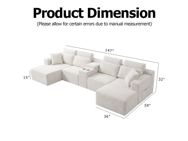  Canapé d'angle modulaire en u 373x151x81 cm compressé avec porte-gobelets, pour salon, mousse, velours côtelé, blanc  - Conforama C
