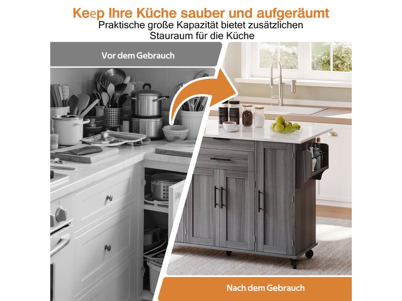  Îlot de cuisine mobile 136 × 4570 × 92 cm en mdf, plateau extensible, étagères réglables, tiroir caché et porte-serviette  - Conforama E