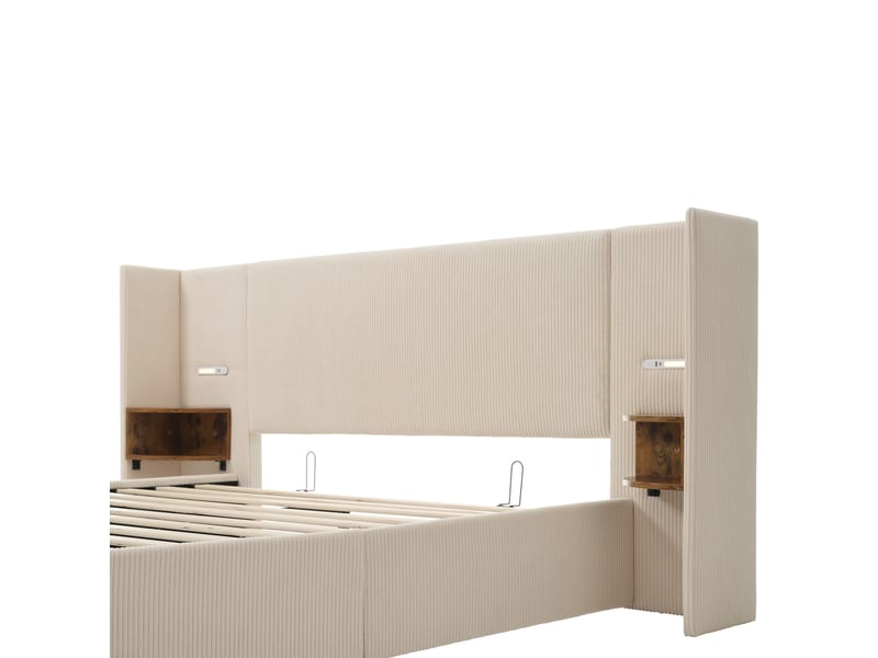  Lit coffre double 160x200 cm avec sommier, tête de lit étagère, liseuse led et ports usb, velours côtelé, beige et blanc  - Conforama W