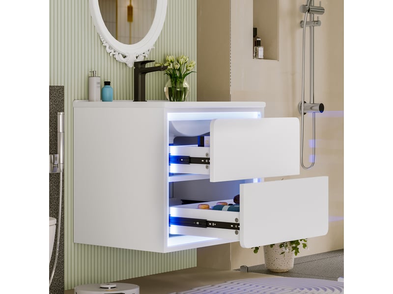  Meuble sous vasque suspendu avec 2 tiroirs et led à capteur radar, salle de bain, mdf et céramique, 60×46×50 cm, blanc  - Conforama B