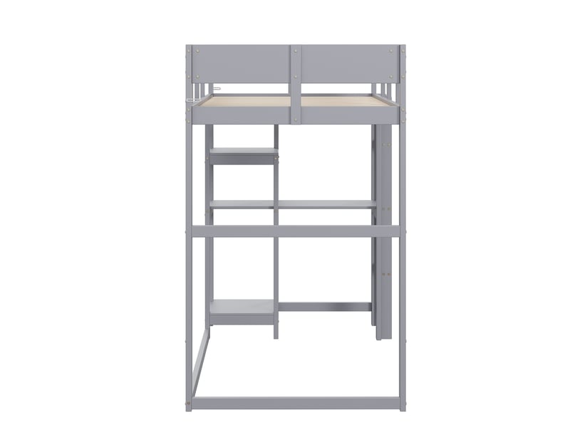  Lit mezzanine 90x200 cm, sommier 15 lattes, échelle, rangements intégrés, barrières, bois, gris sans matelas  - Conforama E