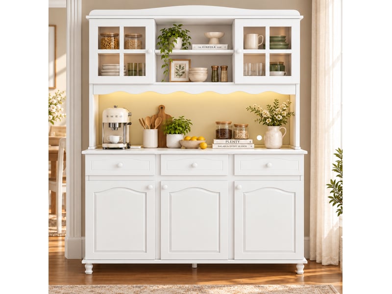  Buffet de cuisine modenvie 135 x 40 x 185 cm avec rangements, prises, usb et led colorée blanc  - Conforama D