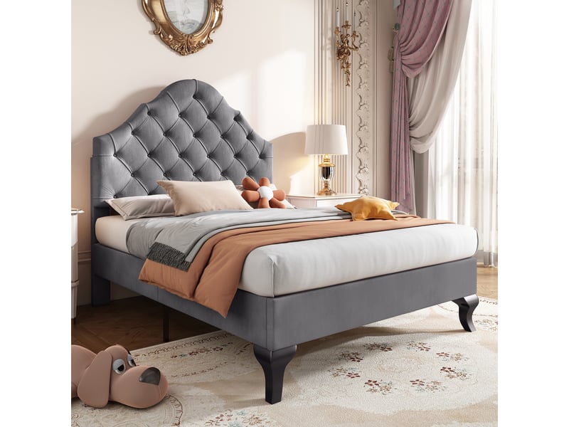  Lit simple rembourré 90 x 200 cm, sommier à lattes, tête de lit réglable en hauteur, velours gris evarich - Conforama E
