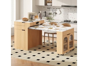 Îlot de cuisine avec table extensible et multiprise – verre strié, bahut à 2 tiroirs – îlotbarmeuble naturel