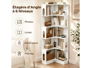 Bibliothèque d'angle, étagère de rangement à 6 niveaux avec panneaux latéraux arqués, blanc, 60 x 60 x 165,5 cm
