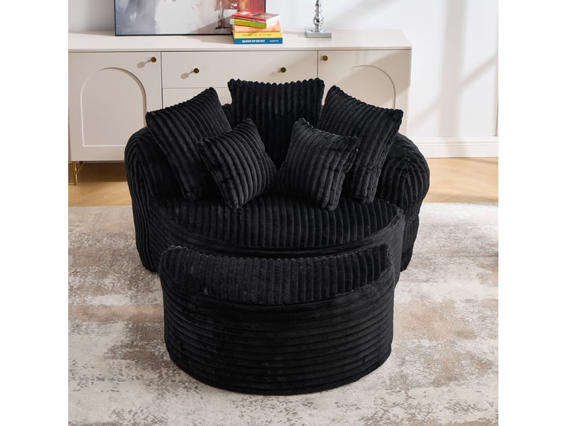  Fauteuil avec pouf rond sans pieds, dossier enveloppant, accoudoirs et cinq coussins en chenille noir  - Conforama D