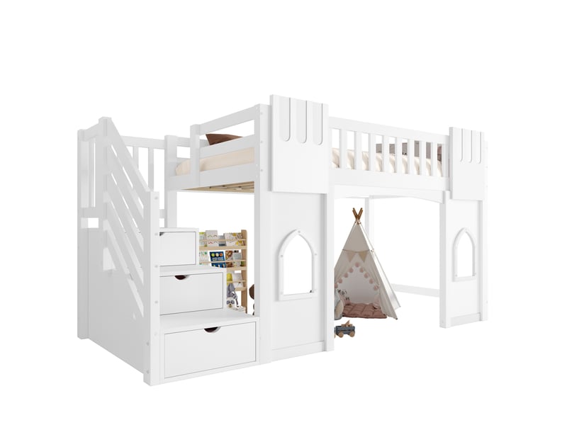  Lit mezzanine, 90x200 cm, pour chambre, avec escalier aménagé, fenêtres, matelas non inclus, mdf et bois, coloris blanc  - Conforama A