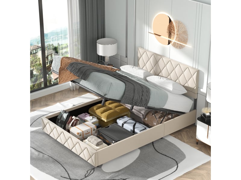  Lit adulte coffre 160x200 cm, tête de lit réglable, sommier, velours beige, sans matelas  - Conforama D