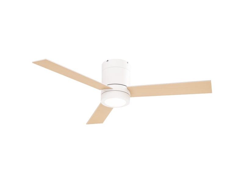  Ventilateur de plafond avec moteur ac 48 w, éclairage led, télécommande, 3 vitesses et 3 pales en bois, ø 112 x 25 cm, blanc  - Conforama A